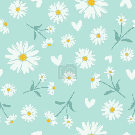 Daisy colorful seamless pattern in turquoise, white and yellow. Daisies vector print in color.