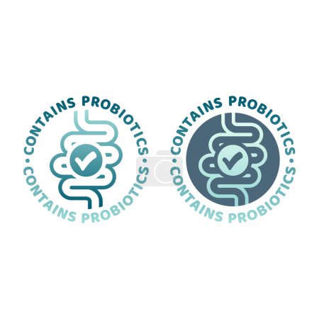 Contains probiotics colorful vector label. Bowels, intestines microbiome or microflora good bacteria icon.