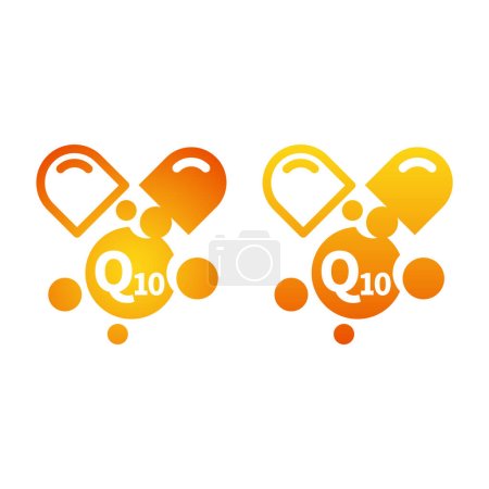 Ilustración de Q10 cápsulas píldora icono de vector. Suplementos y micronutrientes coenzima q10 símbolo. - Imagen libre de derechos