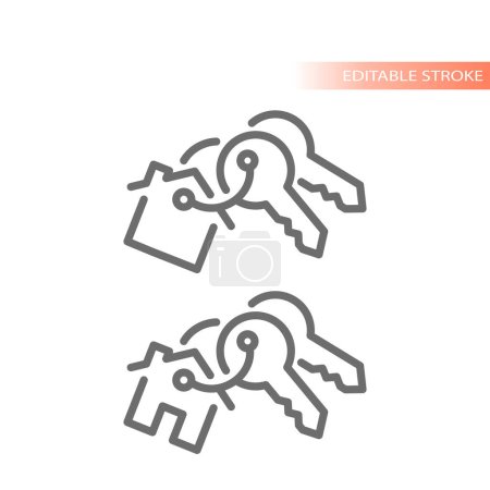 House key set line vector icon. Keys with keyring and home charm outline.