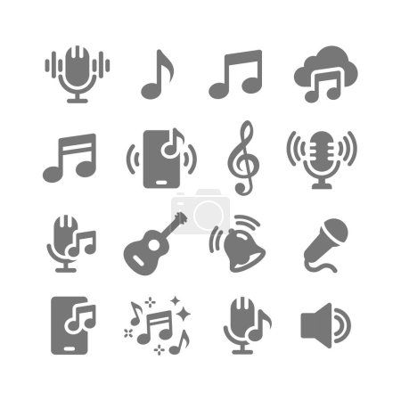 Ilustración de Notas musicales, clave y conjunto de iconos de vectores de sonido. Nota musical, iconos de micrófono. - Imagen libre de derechos