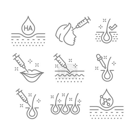 Illustration for Hyaluronic and Botox shot and therapy, skin care icon set. Filler injection and hair loss treatment icons. - Royalty Free Image