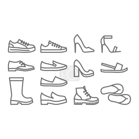 Illustration for Shoes, men and women vector icon set. High heels, sneakers and boots shoe icons. Editable line. - Royalty Free Image