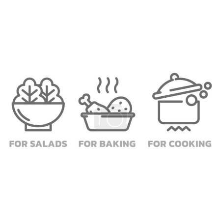 Téléchargez les illustrations : Huile de cuisson pour salades, pour la cuisson et pour la cuisson. Aperçu, cuite au four, bouillir et saladier modifiable icônes bol. - en licence libre de droit
