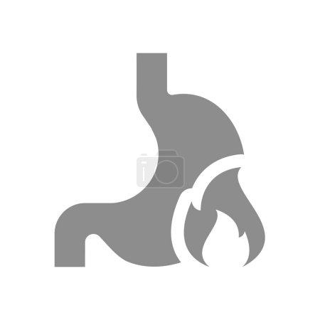 Ilustración de Estómago y reflujo icono del vector. Enfermedad gastroesofágica con símbolo de llama. - Imagen libre de derechos