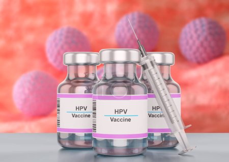 Flasche HPV-Impfstoff gegen Humane Papillomviren mit Spritze. 3D-Illustration