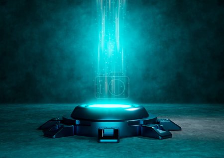 Photo for Futuristic neon light pedestal for product presentation mockup. Sci-fi product podium showcase in empty spaceship room. 3D illustration - Royalty Free Image