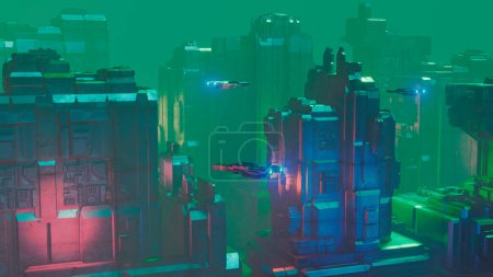 Photo for Science fiction spaceships flying over futuristic city with neon lighting and fog in night. 3D illustration - Royalty Free Image