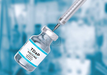 Vaccin Ampoule et seringue TDaP composé de tétanos, diphtérie et coqueluche en laboratoire. Illustration 3d
