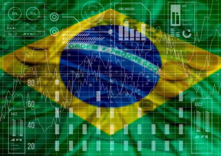 Foto de Bandera de Brasil, gráfico de indicadores económicos y financieros, variación del tipo de cambio, crisis bursátil. 2d ilustración - Imagen libre de derechos