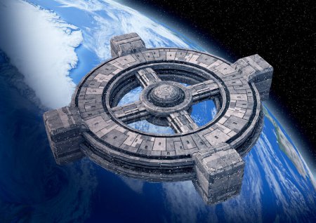 Foto de Estación espacial futurista en órbita del planeta Tierra. Ilustración 3D - Imagen libre de derechos