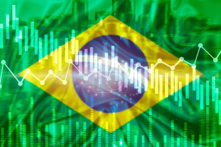 Foto de Bandera de Brasil, gráfico de indicadores económicos y financieros, variación del tipo de cambio, crisis bursátil. 2d ilustración - Imagen libre de derechos