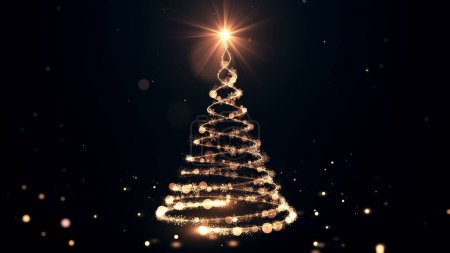 Photo for Glowing gold Christmas tree animation with particles lights stars and snowflakes on black. Holiday concept and background - Royalty Free Image