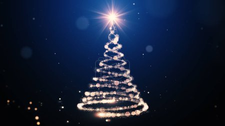 Photo for Glowing gold Christmas tree animation with particles lights stars and snowflakes on blue. Holiday concept and background - Royalty Free Image