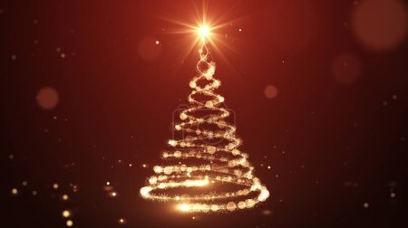 Photo for Glowing gold Christmas tree animation with particles lights stars and snowflakes on red. Holiday concept and background - Royalty Free Image