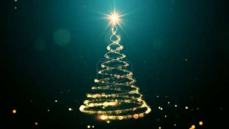 Photo for Glowing gold Christmas tree animation with particles lights stars and snowflakes on green. Holiday concept and background - Royalty Free Image