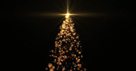 Photo for Christmas tree with lights particles and stars on black. Holiday concept and background - Royalty Free Image