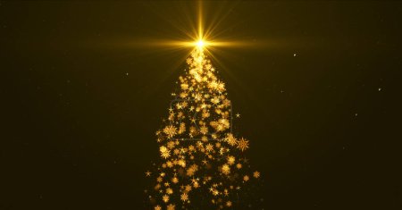 Photo for Christmas tree with lights particles and stars on golden. Holiday concept and background - Royalty Free Image