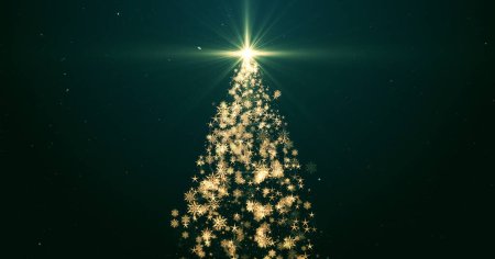 Photo for Christmas tree with lights particles and stars on green. Holiday concept and background - Royalty Free Image