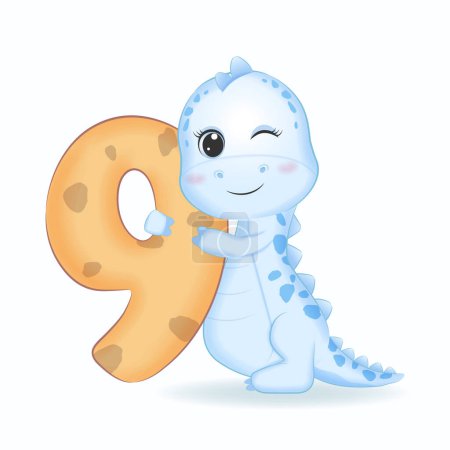 Photo for Cute Blue Dinosaur with number 9, cartoon illustration - Royalty Free Image