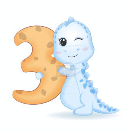 Photo for Cute Blue Dinosaur with number 3, cartoon illustration - Royalty Free Image