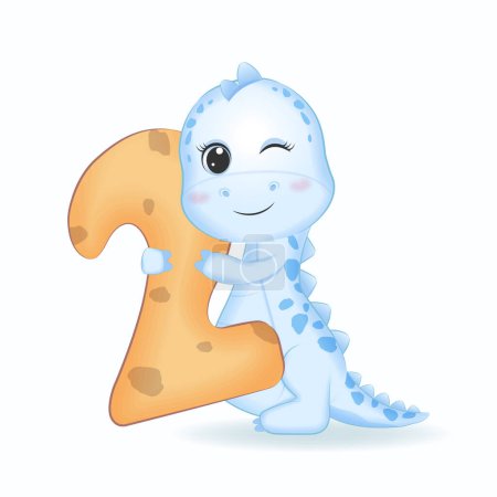 Cute Blue Dinosaur with number 2, cartoon illustration