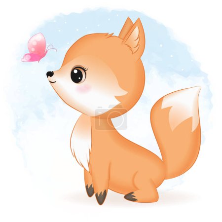 Photo for Cute fox and butterfly hand drawn cartoon illustration watercolor background - Royalty Free Image