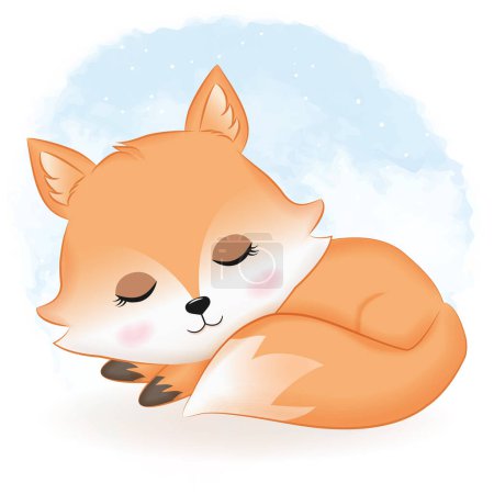 Photo for Cute fox sleeping hand drawn cartoon illustration watercolor background - Royalty Free Image