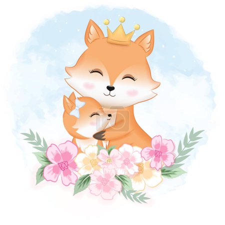 Photo for Cute baby fox and dad with flower frame hand drawn cartoon illustration watercolor background - Royalty Free Image