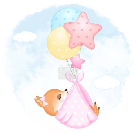 Photo for Cute Baby Fox with balloon newborn cartoon illustration - Royalty Free Image