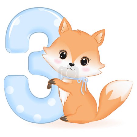 Photo for Cute Baby Fox with number 3, cartoon illustration - Royalty Free Image