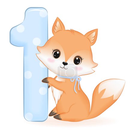 Photo for Cute Baby Fox with number 1, cartoon illustration - Royalty Free Image