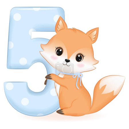 Photo for Cute Baby Fox with number 5, cartoon illustration - Royalty Free Image
