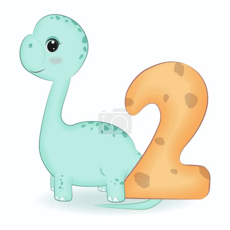 Photo for Cute Dinosaur with number 2, cartoon illustration - Royalty Free Image