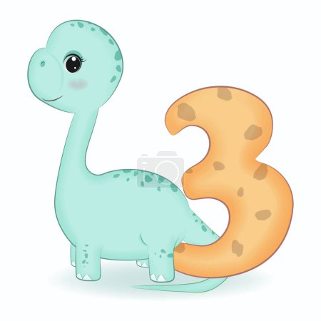 Photo for Cute Dinosaur with number 3, cartoon illustration - Royalty Free Image