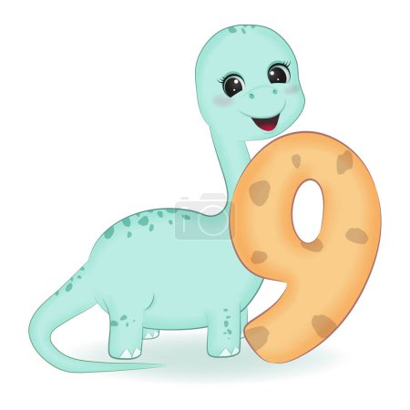 Photo for Cute Dinosaur with number 9, cartoon illustration - Royalty Free Image