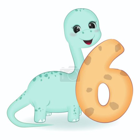 Photo for Cute Dinosaur with number 6, cartoon illustration - Royalty Free Image