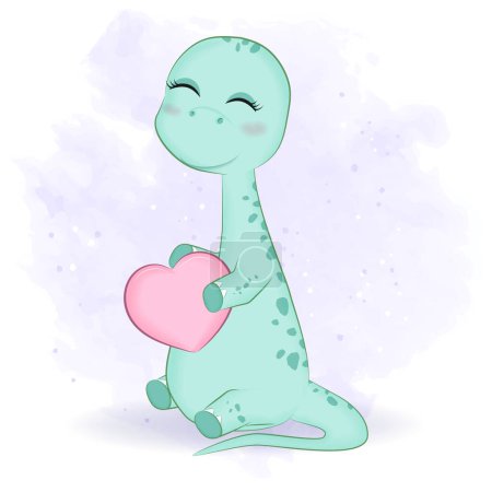 Photo for Cute Little Dinosaur with heart, Primeval animal cartoon illustration - Royalty Free Image