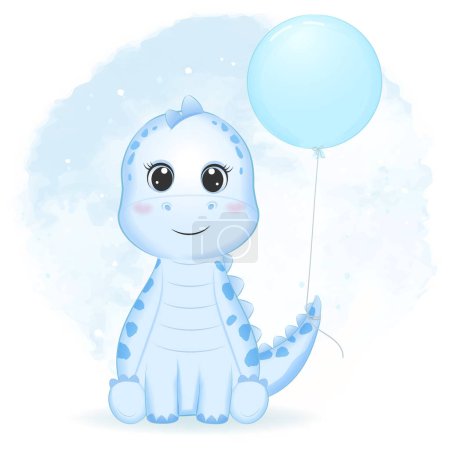 Photo for Cute Little Dinosaur with balloon, Primeval animal cartoon illustration - Royalty Free Image