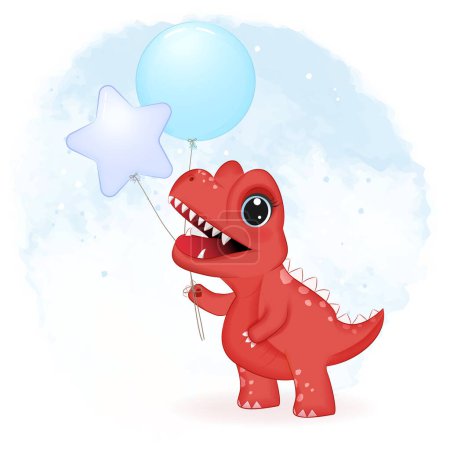 Photo for Cute Little Red Dinosaur with balloons, Primeval animal cartoon illustration - Royalty Free Image
