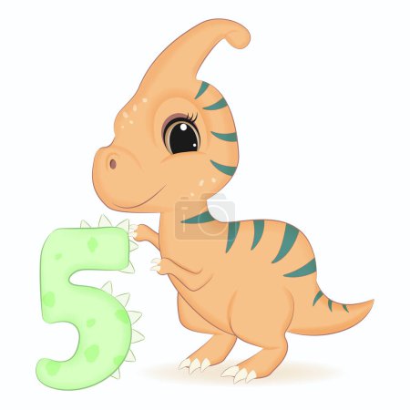 Photo for Cute Dinosaur with number 5, Primeval animal cartoon illustration - Royalty Free Image