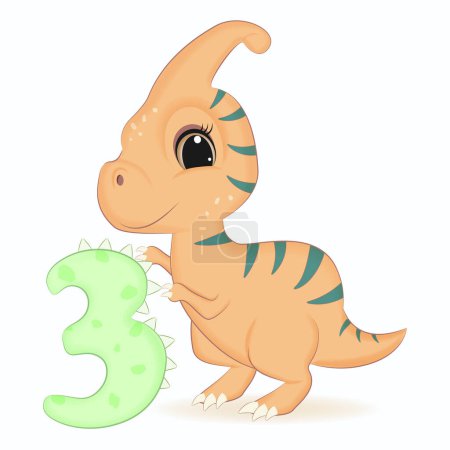 Photo for Cute Dinosaur with number 3, Primeval animal cartoon illustration - Royalty Free Image