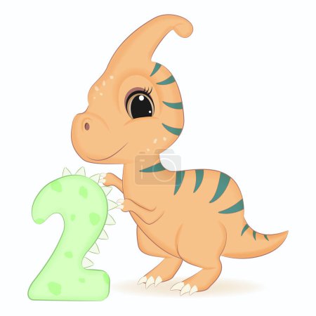 Photo for Cute Dinosaur with number 2, Primeval animal cartoon illustration - Royalty Free Image