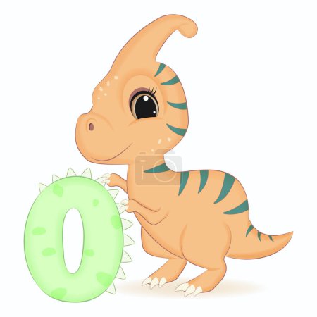 Photo for Cute Dinosaur with number 0, Primeval animal cartoon illustration - Royalty Free Image