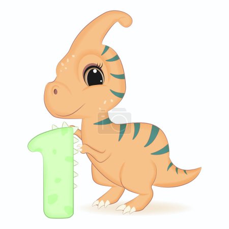 Photo for Cute Dinosaur with number 1, Primeval animal cartoon illustration - Royalty Free Image
