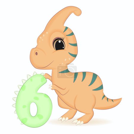 Photo for Cute Dinosaur with number 6, Primeval animal cartoon illustration - Royalty Free Image
