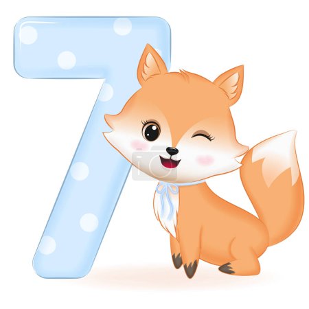 Photo for Cute Baby Fox with number 7, cartoon illustration - Royalty Free Image