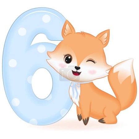 Photo for Cute Baby Fox with number 6, cartoon illustration - Royalty Free Image