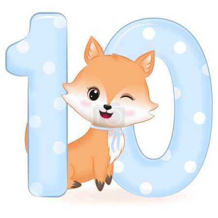 Photo for Cute Baby Fox with number 10, cartoon illustration - Royalty Free Image