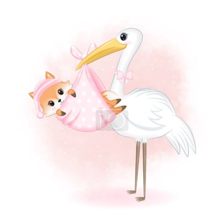 Photo for Stork carrying baby Fox, newborn concept illustration - Royalty Free Image